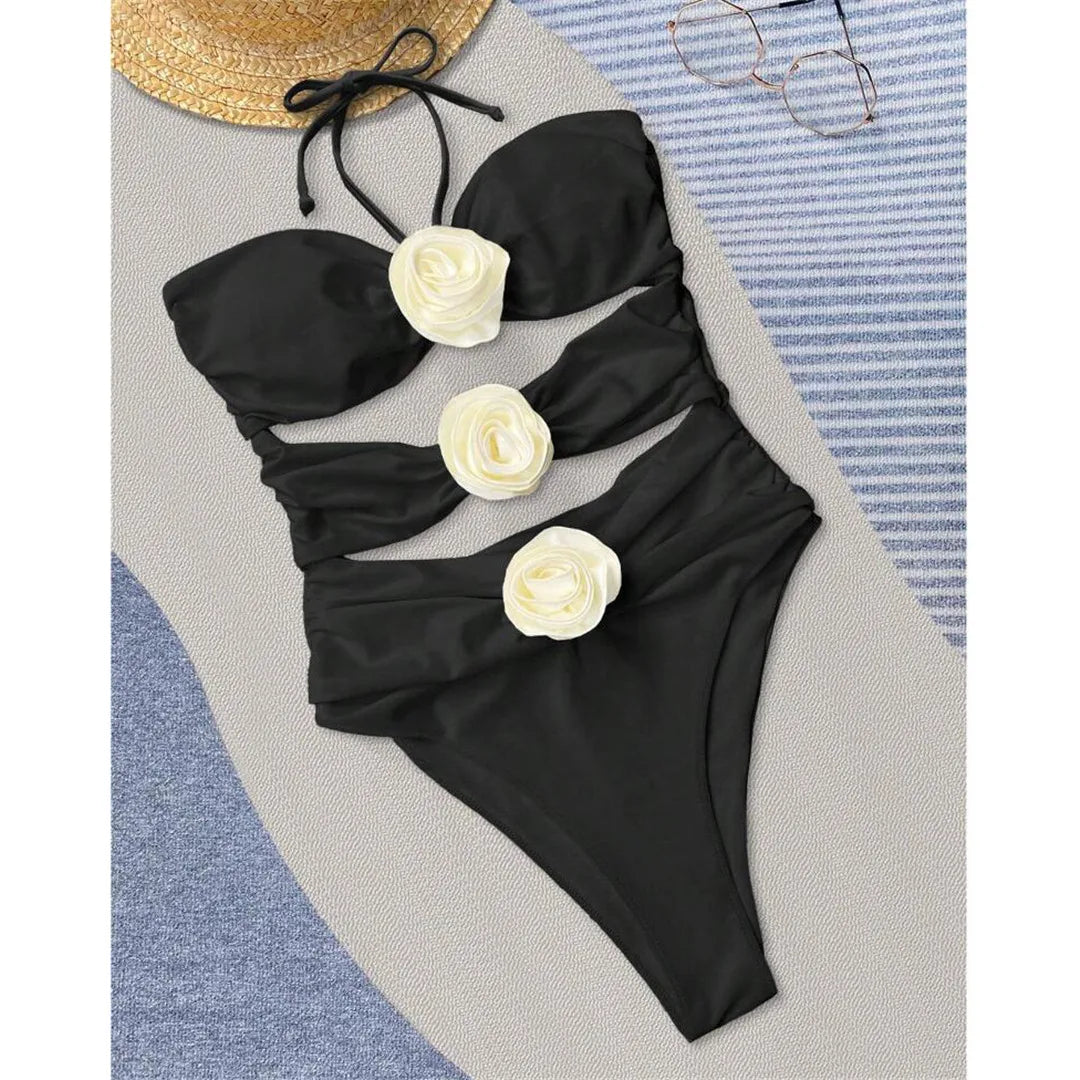 Exquisite 3D Flower One Piece Swimsuit, Featuring a Stylish Halter Neckline and High-Leg Cut. This Chic Swimsuit is Made from Durable Nylon and Spandex, Available in Women's Sizes S, M, L, XL and Fits True to Size. Offered in Striking Colors Black, White Flowers, White, Pink, and Multicolor. Ideal for Women Aged 18-35 and Adults, Currently In Stock, in New Condition, and Free Shipping Available.