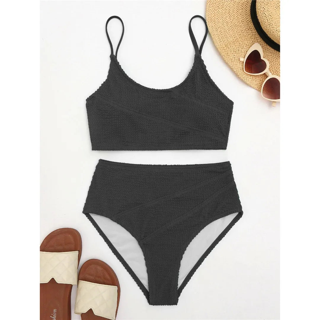 Modern Wrinkled Crinkled High Waist Bikini Set for Women, Crafted from Nylon and Spandex, Solid Pattern, Wire Free for Comfort, True to Size, Available in Sizes S, M, L, XL, and XXL, Ideal for Pool Parties or Beach Days, High Waist Design for a Smooth Silhouette, Available in Colors Black, Green, and Hot Pink