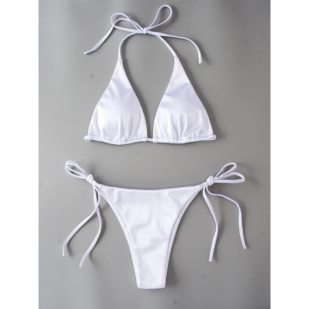 Luxurious Two-Piece Satin Halter Brazilian Padded Bikini Set for Women - Nylon and Spandex Swimwear with Wire Free Support, True to Size Fit, Low Waist - Available in Multiple Colors