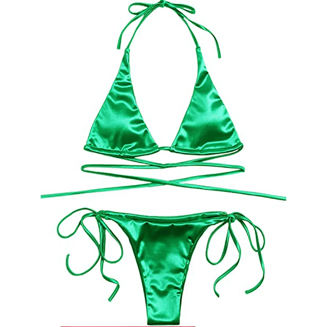 Luxurious Two-Piece Satin Halter Brazilian Padded Bikini Set for Women - Nylon and Spandex Swimwear with Wire Free Support, True to Size Fit, Low Waist - Available in Multiple Colors