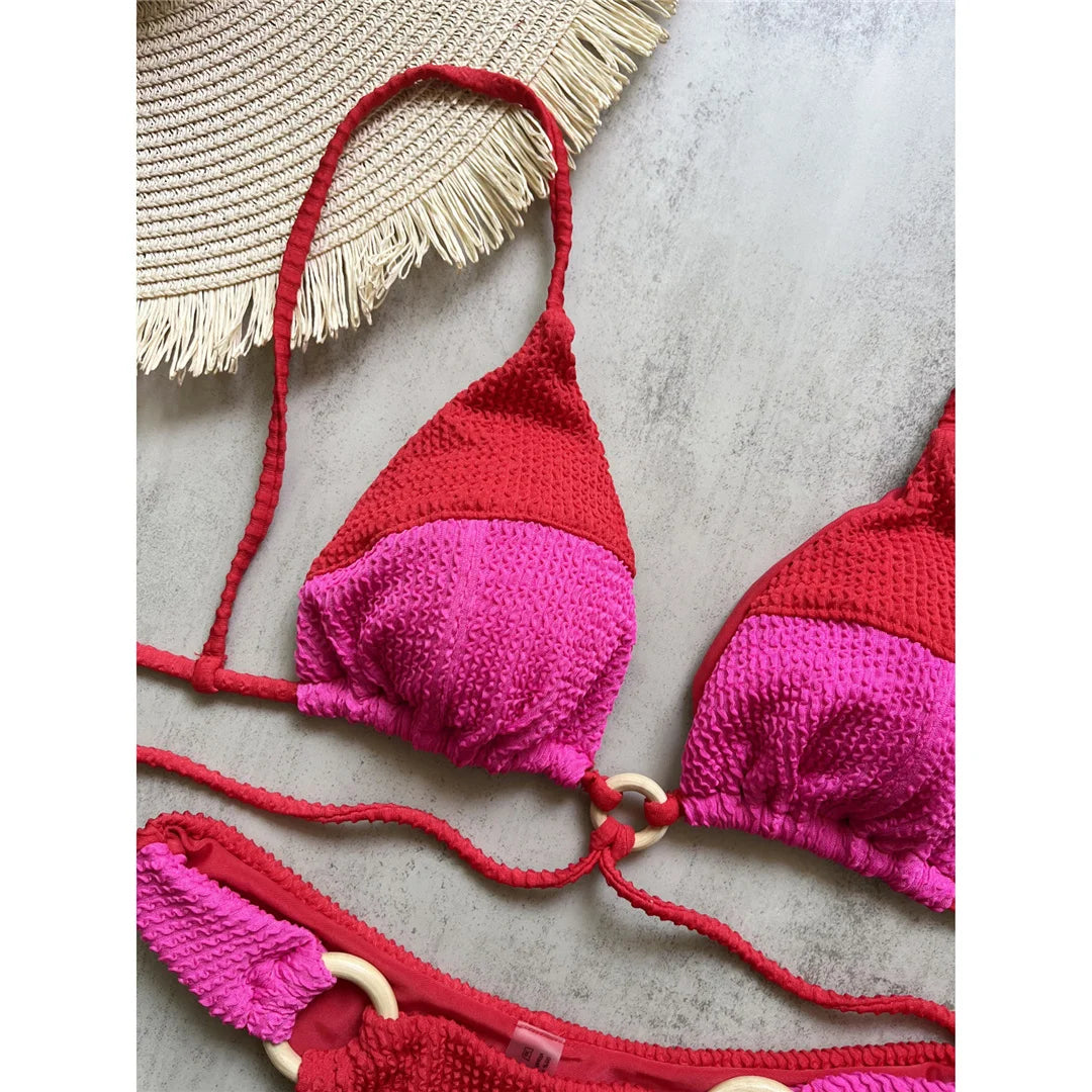 Crinkled Splicing Brazilian Bikini Set with stylish patchwork design, crinkled texture, low waist, wire-free, perfect for standout beach or poolside style.