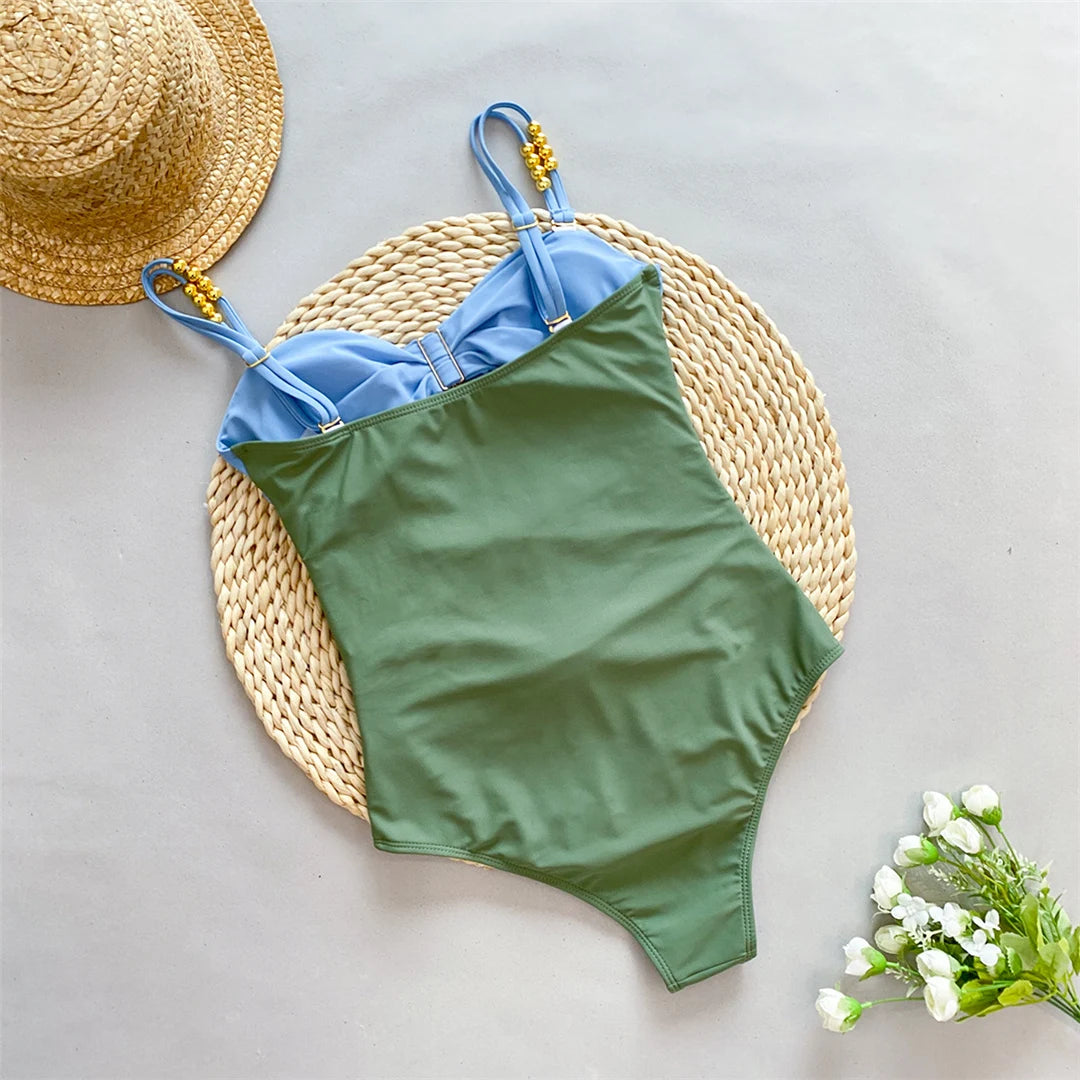 Splicing Cut Out One Piece Swimsuit with Knotted Skirt, Wrinkled Texture Monokini, Made of Nylon and Spandex, Patchwork Pattern, Wire-Free Support, True to Size, Women&#39;s Swimwear, Comes with Padding, Available in Sizes Small, Medium, Large, and Extra Large, Colors Available: Green, Black, Pink, Brown, Multicolor, Free Shipping.