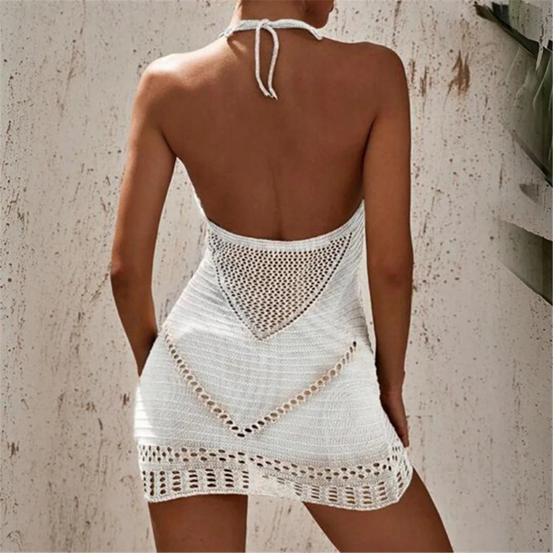 Effortless Elegance Halter Hollow-Out Backless Crochet-Knitted Tunic in White, Black, and Beige, Sensual Beach Cover-Up, Made from Nylon, Polyester, and Cotton, Fits True To Size, Ideal for Females, Available in Sizes S to L