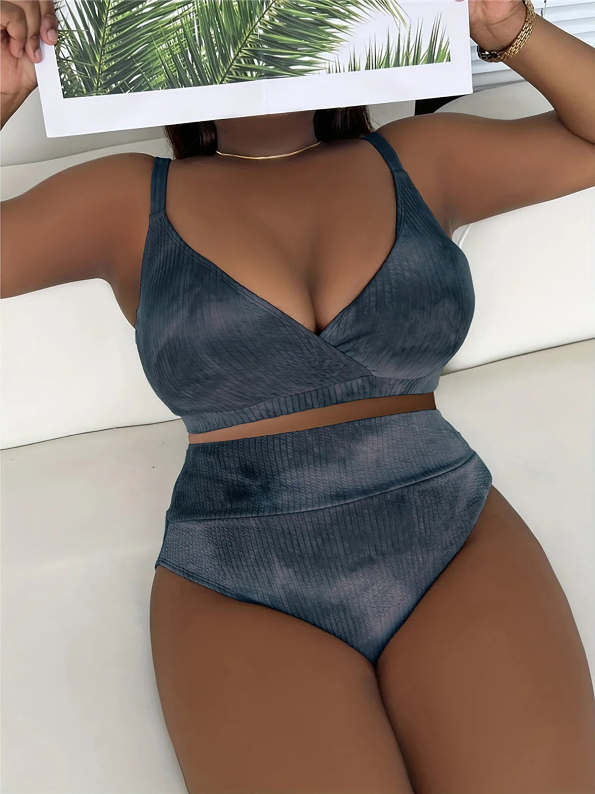 Curvaceous women's tie dye bikini set, high waisted summer swimwear in vibrant pattern, crafted from stretchy nylon and spandex, offers wire free support and padding, fits true to size. Available in various shades including Black, Coffee, Green.