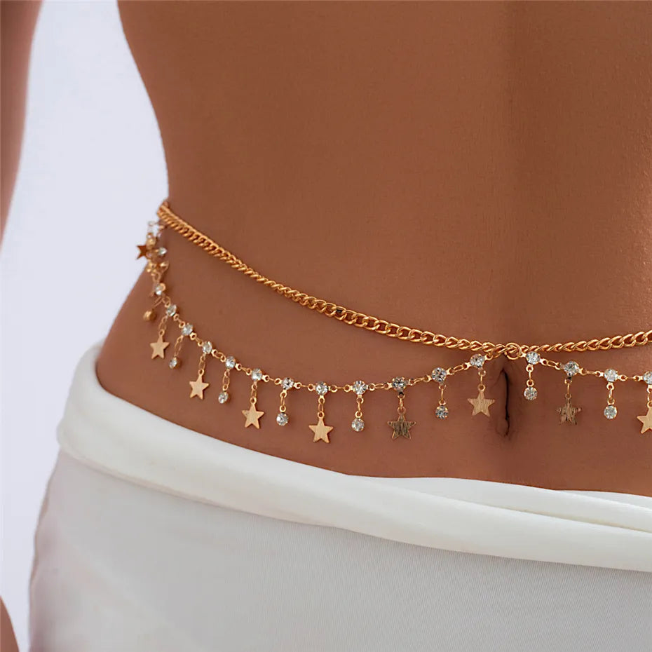 Exquisite Rhinestone Star Tassel Pendant Waist Chain Body Jewelry, Features Belly Belt Design, Composed of Iron Alloy, Iron Chain, Copper Chain, and Sparkling Rhinestones, Ideal for Women Ages 18-35 and Adults, Available in Sizes S, M, L, In Stock with Free Shipping, New Condition, Perfect Accessory for Beach or Poolside.