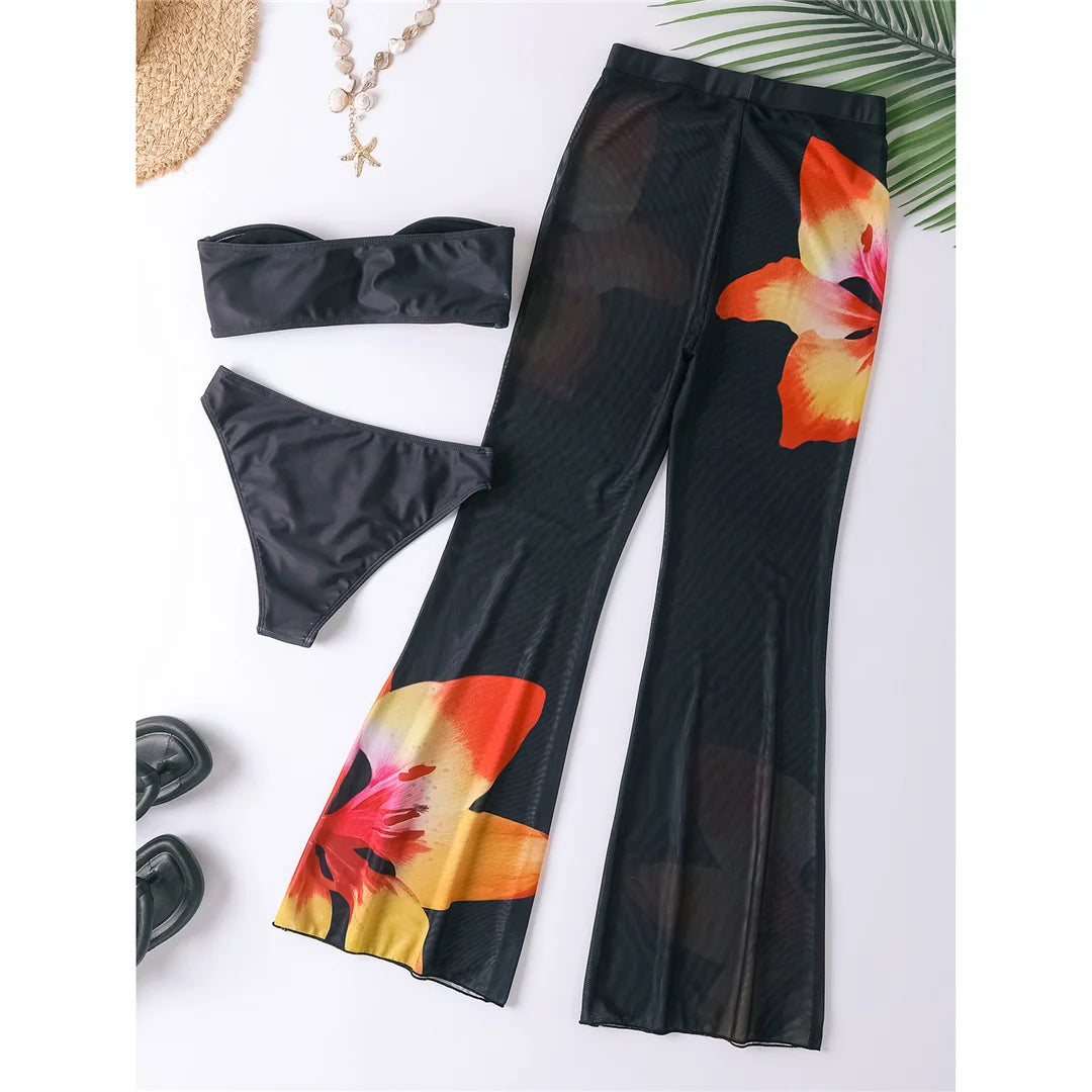 Floral Printed Bikini Set with Pants featuring vibrant prints, low waist bottoms, coordinating pants for versatility, perfect for stylish beach transitions.
