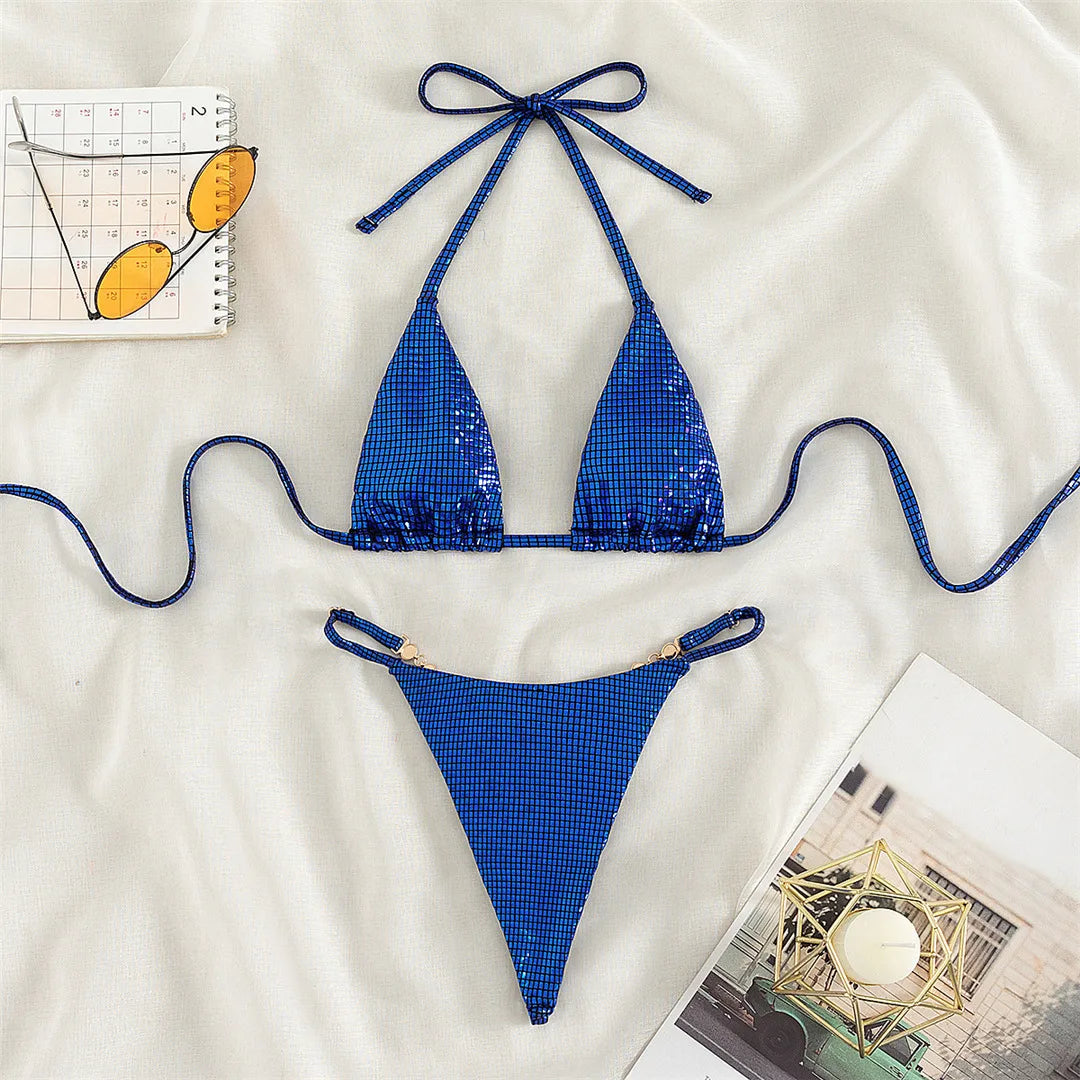Dazzling Diamond Mini Thong Halter Bikini Set in Blue, Made of Nylon and Spandex, Wire Free Support, Low Waist Design, Fits True to Size, Available in Sizes XS, S, M, L, In Stock with Free Shipping, Perfect for Women Aged 18-35 and Adult Females