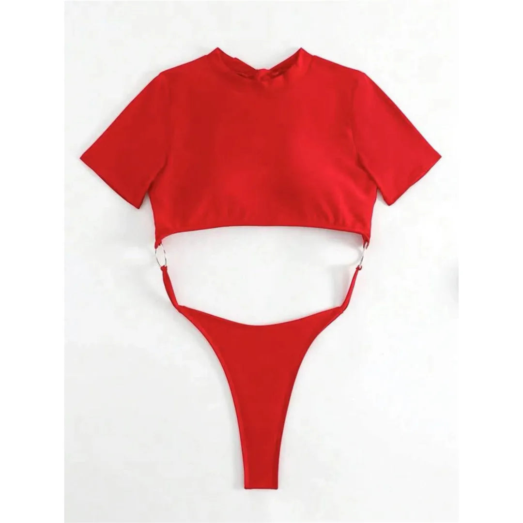 Elegant Short Sleeve One Piece Swimsuit for Women, Combining Mini Micro Thong Cut with Full Top Coverage, Made of Nylon and Spandex, Solid Pattern, Free Support, True to Size, Sleek Design for a Sophisticated Poolside Style, Available in Sizes S, M, L, and XL, Comes in Colors Black, Blue, Coffee, Green, Pink, Red, White, Hot Pink, and Lake Blue