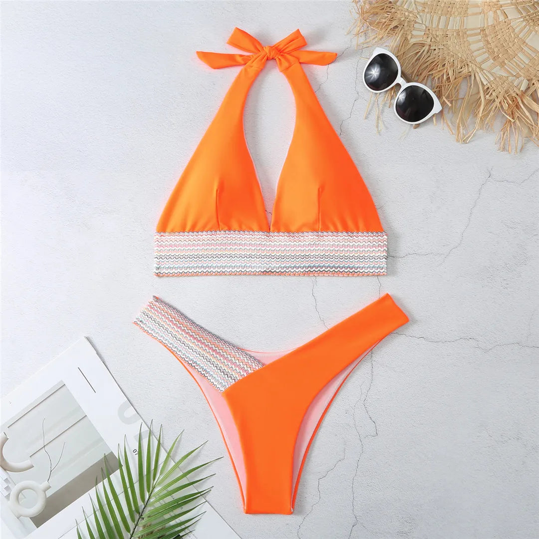 Splicing Halter Bikini Set for Women, V Neck Two-Piece Swimwear in Black, Royal Blue, Orange, Pink, and White, Low Waist and Patchwork Design for Stylish and Versatile Beachwear