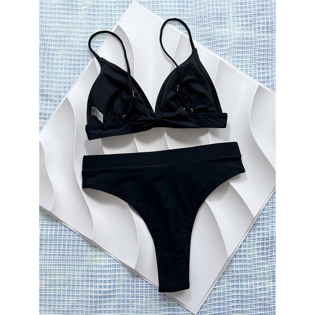 Mid Waist Brazilian High Leg Cut Bikini, Nylon Spandex blend, Wire Free, Solid color, Women's two-piece swimwear, Black, featuring chic design and elongated leg look.