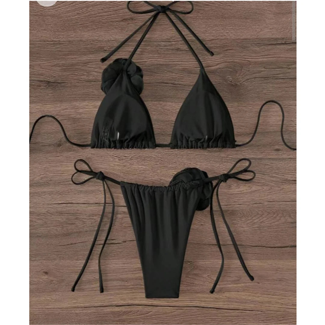 Captivating 3D Flowers Halter Bikini Set, Featuring Strappy Two-Piece Design. Crafted from Nylon and Spandex, with Wire Free Support. Available in Sizes S, M, L, XL for Women, Fits True to Size. Comes in Colors Black, Beige, Red, and Multicolor. Perfect for Women Aged 18-35 and Adults, Currently In Stock, New Condition, Free Shipping Available.