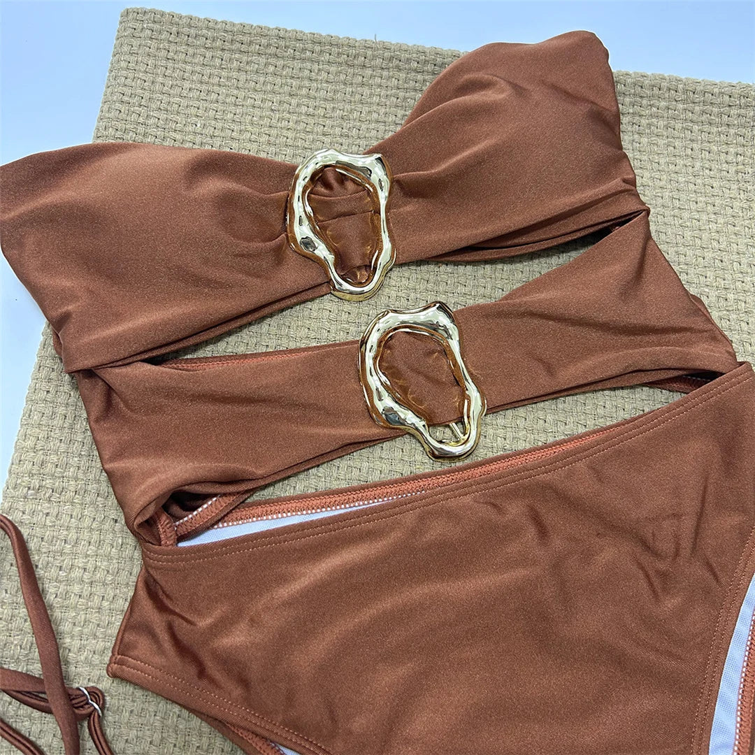 Bandeau One Piece Swimsuit, Metal Rings, Cut-Out Design, High Leg Cut, Triangle Style, Polyester, Spandex, Adjustable Straps, Monochrome, Solid Color, Women's Swimwear, Bold Elegant Look, Brown, Red, Black.