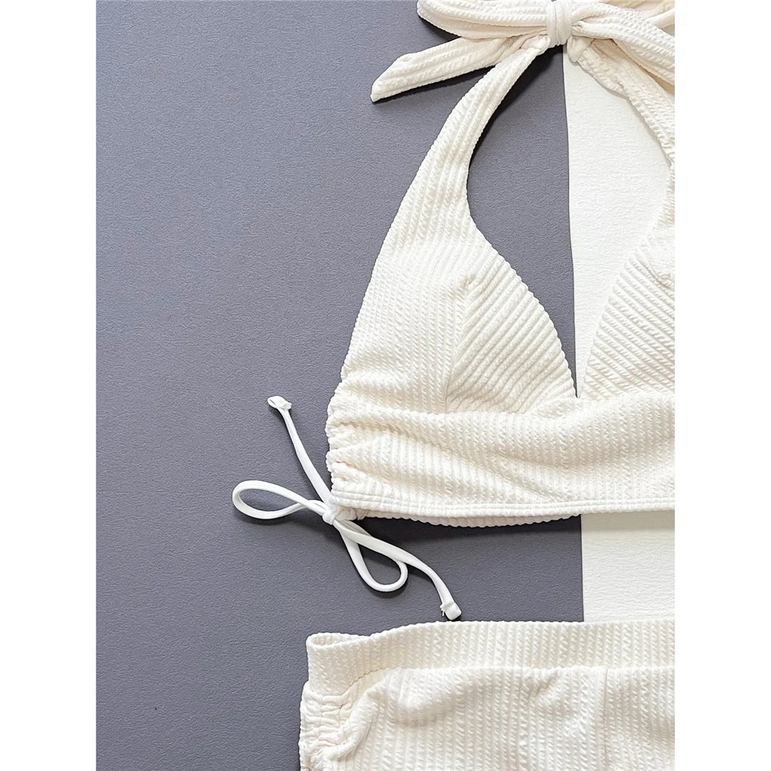 Chic Halter Neck Bikini Set with High Waist Shorts, Fashion Forward Two-Piece Swimwear in Beige, Made of Nylon and Spandex, Wire Free Support and Padded, Ideal for Women, Available in Sizes S to L