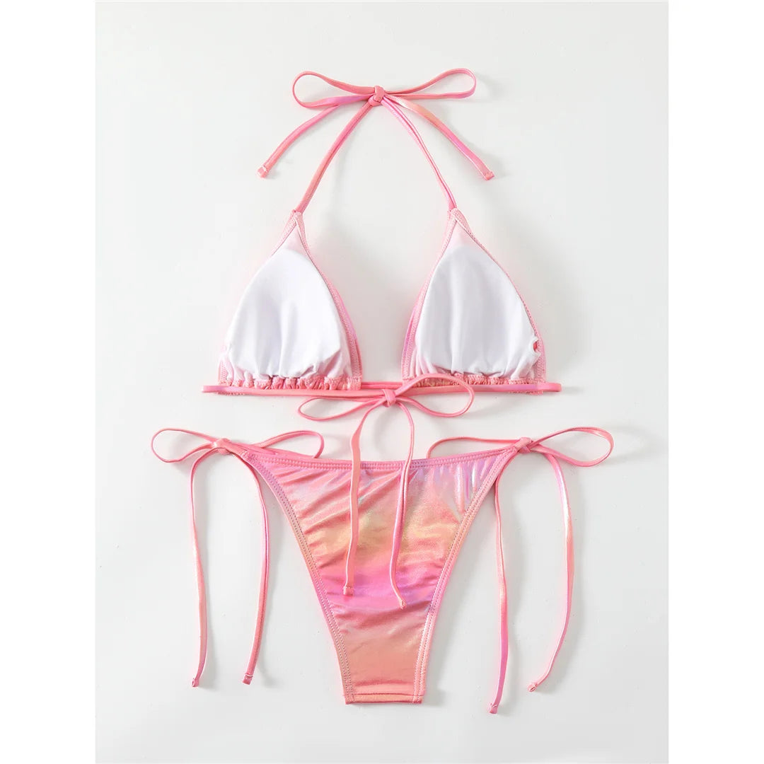 PU faux leather halter strappy bikini set, sleek design, polyester spandex blend, wire-free support, low waist, women's solid two-piece swimwear, edgy and modern style.