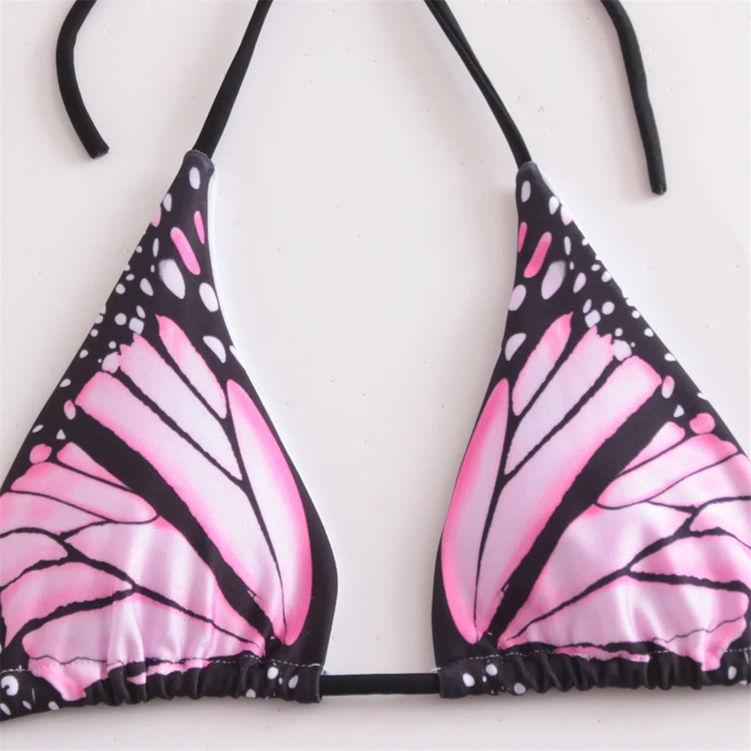 Summer Butterfly Printed Halter Bikini Set in Multiple Colors, Comfortable Two-Piece Swimwear for Women, Fits True to Size, Bikini Designed with Nylon and Spandex for All Day Comfort, Wire Free Low Waist Bikini Set, Ideal for Beach Adventures, Available in Small, Medium, Large Sizes, Offered in Colors Blue, Green, Pink, Red with Butterfly Print, New and In Stock with Free Shipping