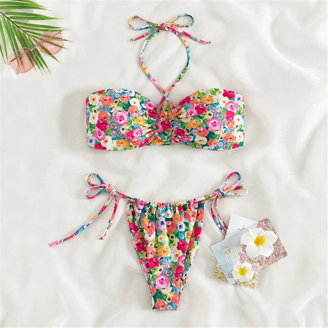 Floral printed halter lace-up bikini for women, featuring a stylish and comfortable design with wire-free support and padded top, made of high-quality nylon and spandex, ideal for beach adventures