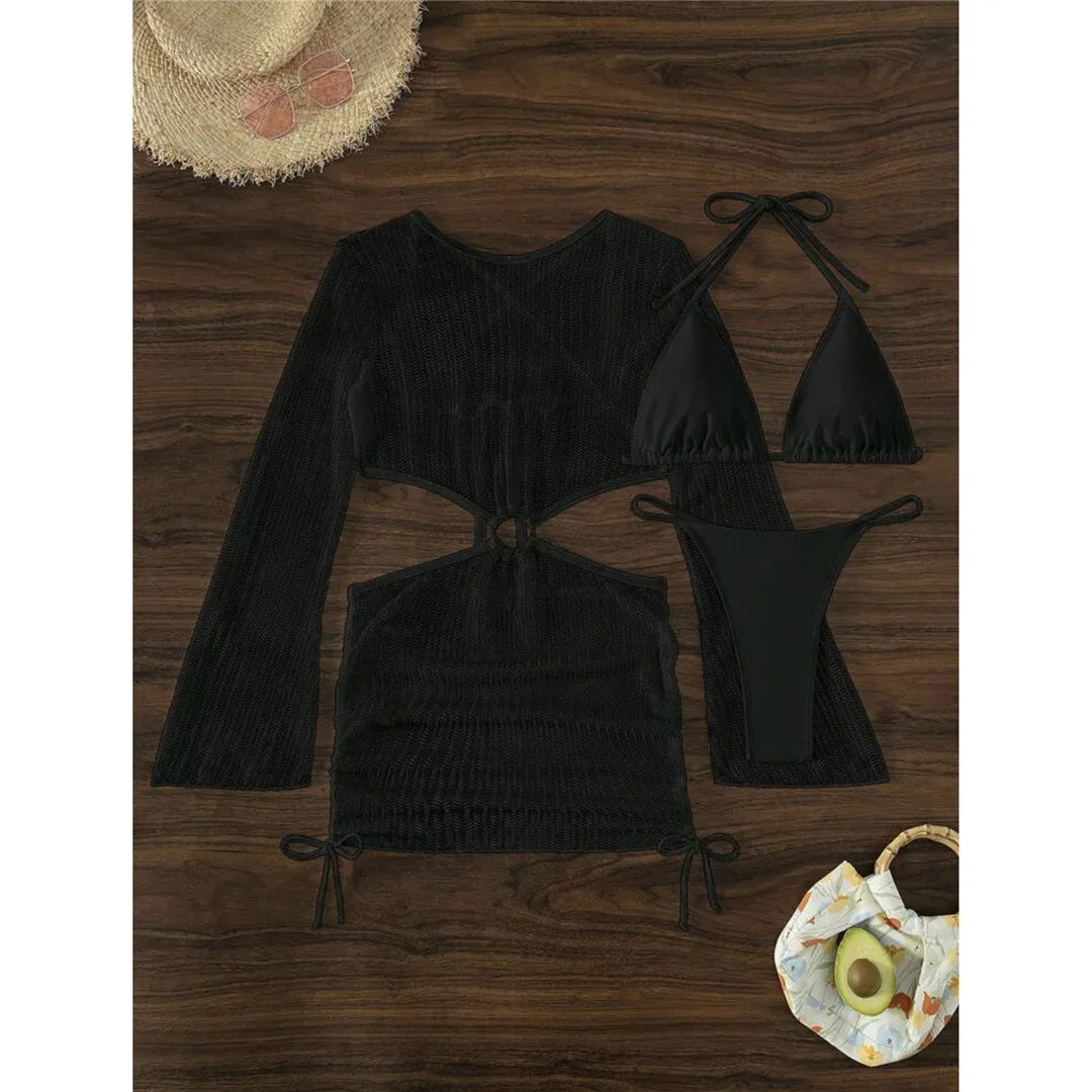 Halter Bikini Set with Long Sleeve Cover Up for Women, Three Piece Solid Black, Dark Gray, Gray, White Swimwear, Wire Free with Low Waist, Fits True To Size, Available in Size S to L, Perfect Fusion of Comfort and Style