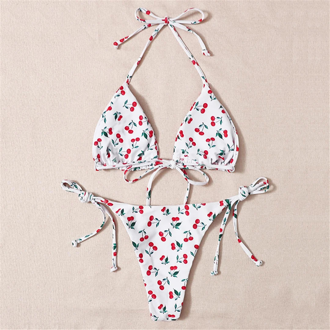 Sweet Cherry Printed Halter Strappy Bikini Set for Women - Two-Piece Swimwear with Low Waist, Made from Nylon and Spandex, Wire Free, True to Size- Available in Sizes XS to L