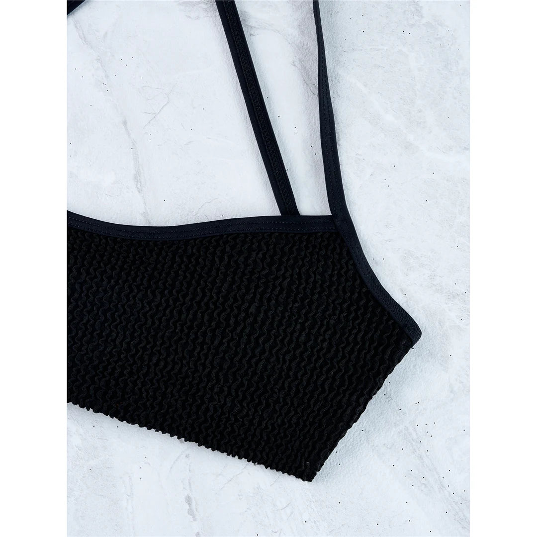 Bikini set with stylish crinkled texture, high cut, cross back, nylon, spandex, solid, wire free, low waist, women, two piece in black, blue, green, white, dark pink, multicolor.