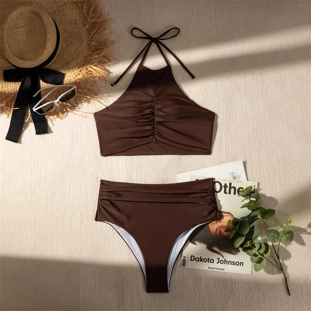 Halter Wrinkled High Neck Bikini Set in Coffee, Made of Nylon and Spandex, Wire Free and High Waist, Fits True to Size for Women aged 18-35 and Adults, Available in Stock with Free Shipping