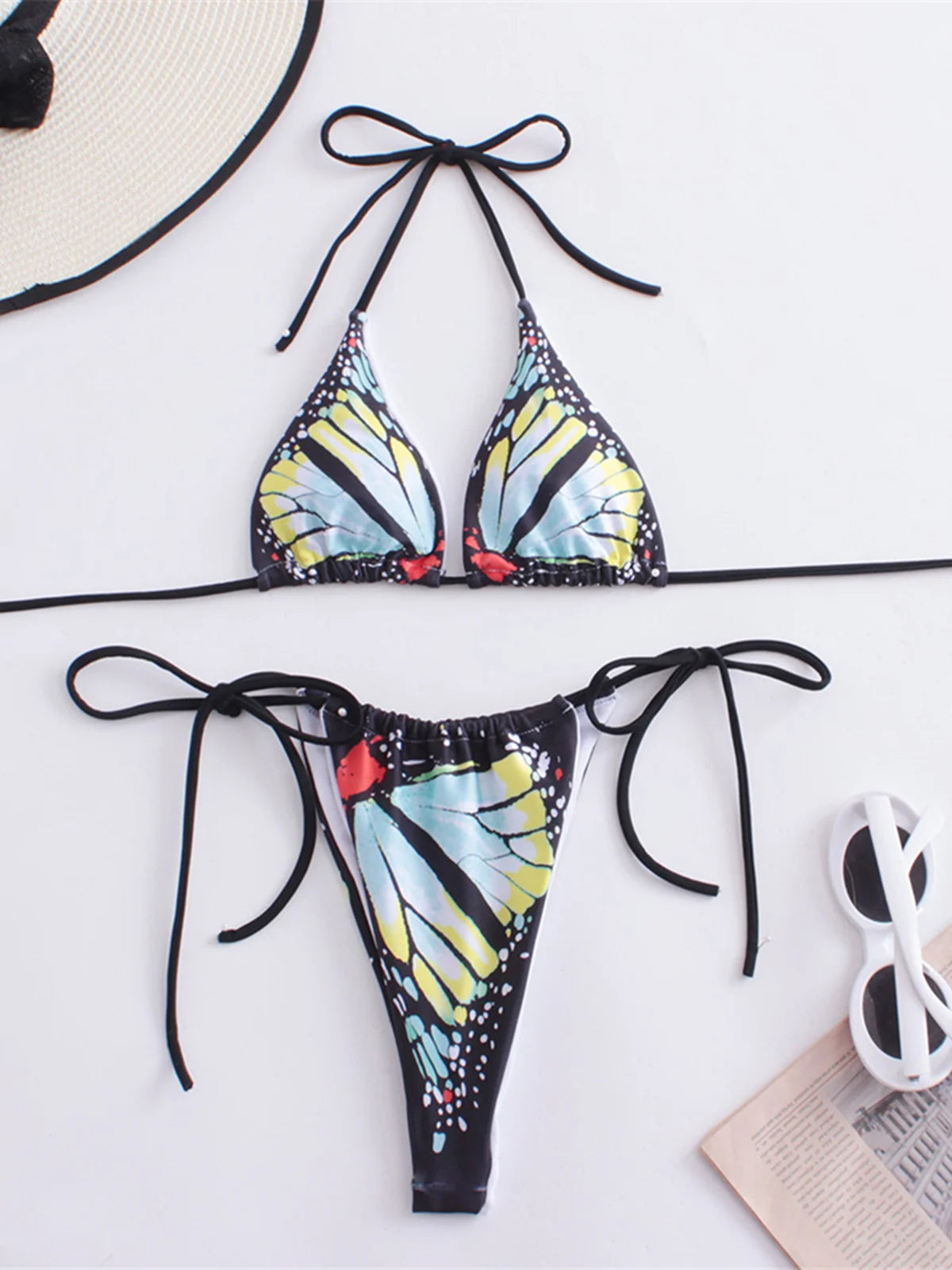 Summer Butterfly Printed Halter Bikini Set in Multiple Colors, Comfortable Two-Piece Swimwear for Women, Fits True to Size, Bikini Designed with Nylon and Spandex for All Day Comfort, Wire Free Low Waist Bikini Set, Ideal for Beach Adventures, Available in Small, Medium, Large Sizes, Offered in Colors Blue, Green, Pink, Red with Butterfly Print, New and In Stock with Free Shipping