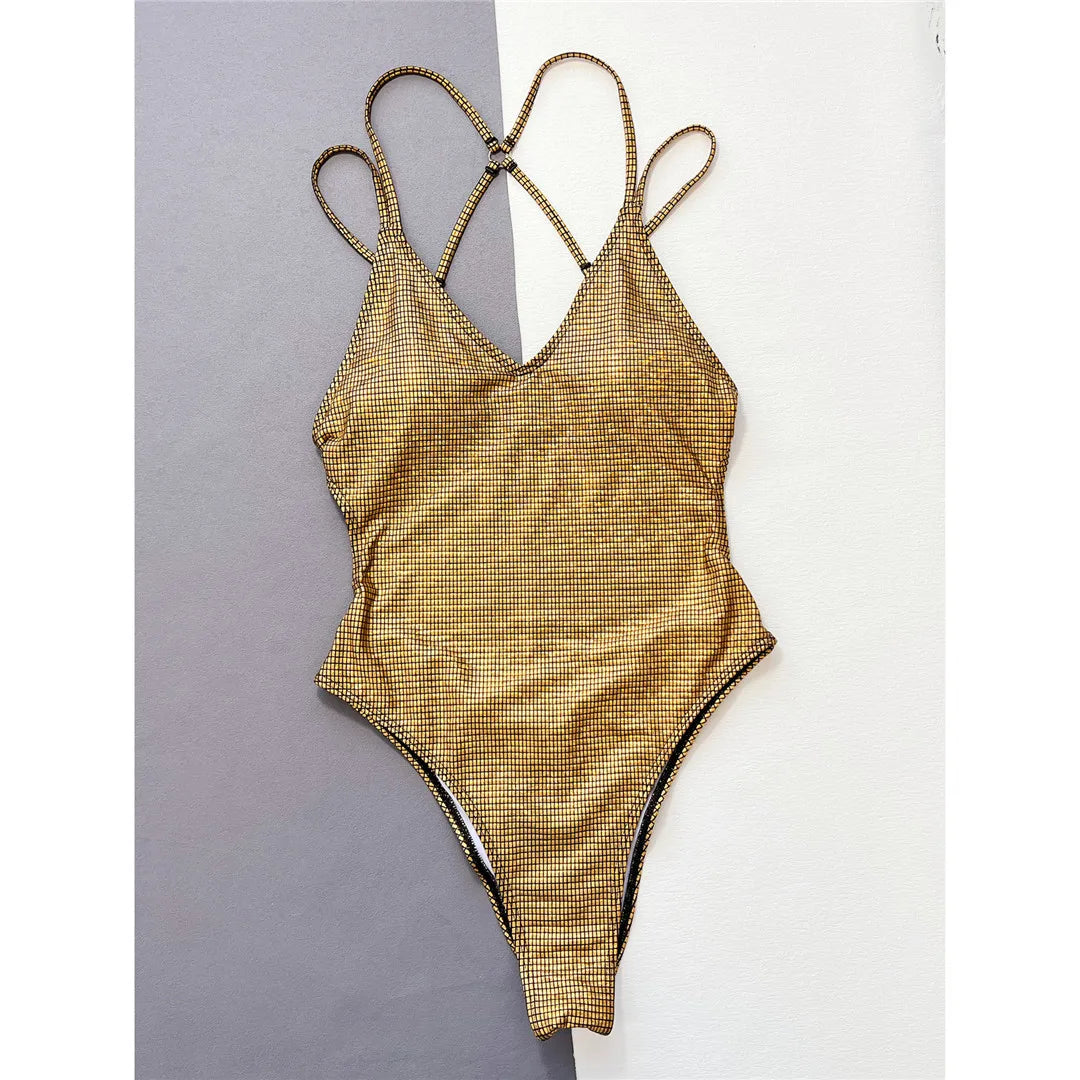 Women's Plaid V-Neck Cross Back One Piece Swimsuit in Gold. Made from Nylon and Spandex, Features a High Leg Cut, Scrunch Butt Detailing, and Wire Free Support. This Swimwear Fits True to Size, Perfect for Beach or Pool Day. Available in Sizes S, M, L.