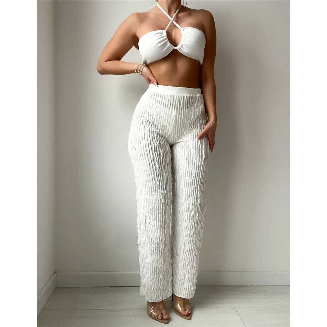 Halter Brazilian Bikini Set and Matching Beach Pants in White, Made of Nylon and Spandex, Wire Free Support, Low Waist Design, for Women, Fits True to Size, Available in Sizes S, M, L and In Stock with Free Shipping, Ideal for Ages 18-35 and Adult Females
