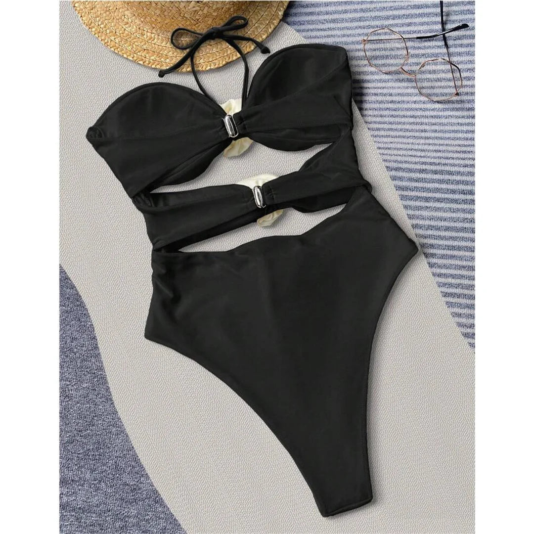 Exquisite 3D Flower One Piece Swimsuit, Featuring a Stylish Halter Neckline and High-Leg Cut. This Chic Swimsuit is Made from Durable Nylon and Spandex, Available in Women's Sizes S, M, L, XL and Fits True to Size. Offered in Striking Colors Black, White Flowers, White, Pink, and Multicolor. Ideal for Women Aged 18-35 and Adults, Currently In Stock, in New Condition, and Free Shipping Available.