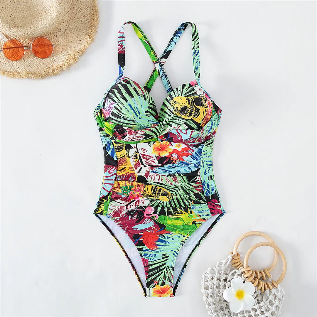 Elegant Printed Underwired Bra Cup Cross Back One Piece Swimsuit for Women, High Cut Design with Underwire for Support, Made from Nylon and Spandex, Fits True to Size, Perfect for Active Beach Days or Poolside Lounging, Available in Sizes S, M, and L, Designed to Accentuate Natural Silhouette