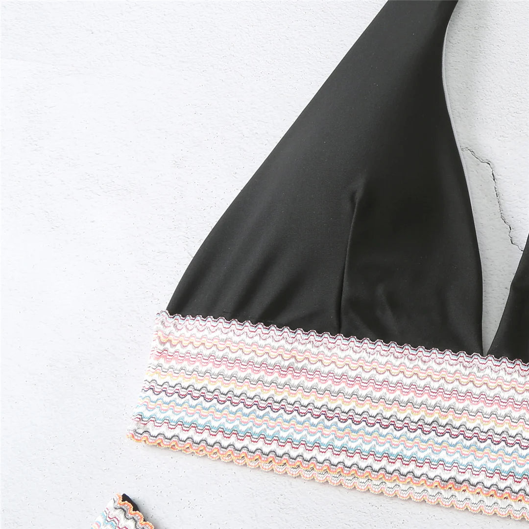 Splicing Halter Bikini Set for Women, V Neck Two-Piece Swimwear in Black, Royal Blue, Orange, Pink, and White, Low Waist and Patchwork Design for Stylish and Versatile Beachwear