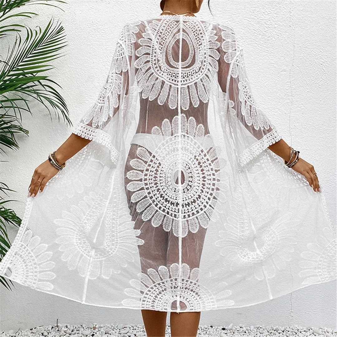 Embroidery Half Sleeve Chiffon Cardigan Tunic - Elegant chiffon beach cover-up with intricate embroidery, ideal for summer wardrobe, nylon polyester cotton blend, solid pattern for poolside or shore strolls.