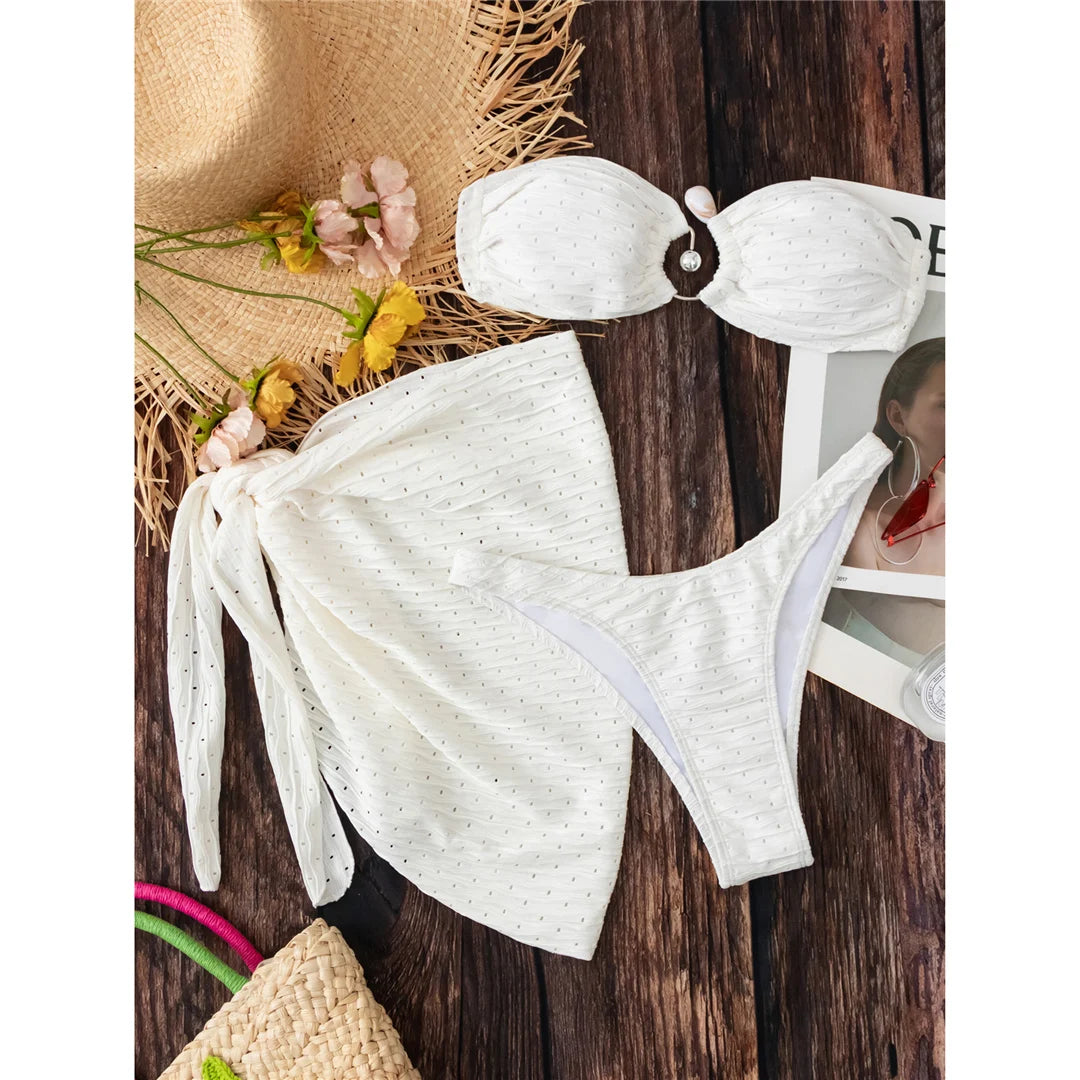 Bandeau Bikini Set with Sarong and Hollow Out Details in Hot Pink and Beige, Made from Nylon and Spandex, Three Piece Swimwear, Wire Free Support, Low Waist, Fits True to Size, Available in Sizes S to M and L, Perfect for Women, New and In Stock, Free Shipping Available