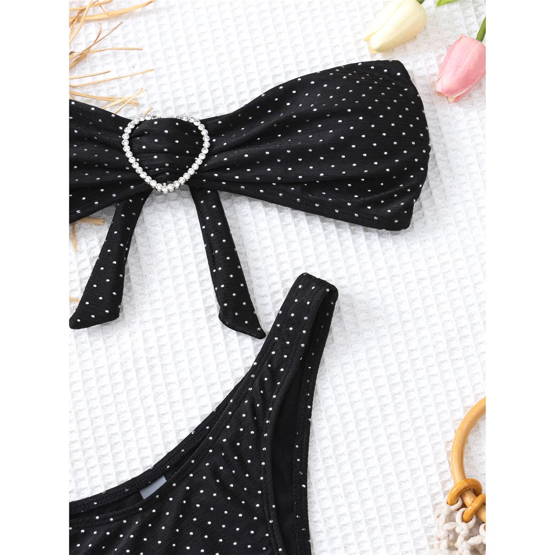 Polka dots bandeau bikini set with matching sarong, three-piece ensemble, polyester spandex blend, wire-free support, low waist, women's dot swimwear, playful and retro style.