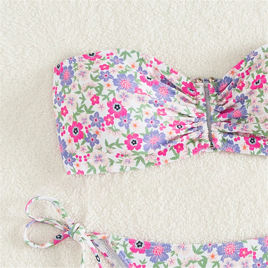Floral printed bandeau bikini set with nylon, spandex, wire free, low waist, women, two piece in floral pattern.