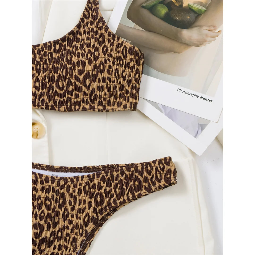 Leopard Printed Wrinkled Brazilian Bikini Set in Coffee Leopard, Pink Leopard, and Black Leopard, Made of Nylon and Spandex, Wire Free and Low Waist, Fits True to Size for Women aged 18-35 and Adults, Available in Stock with Free Shipping