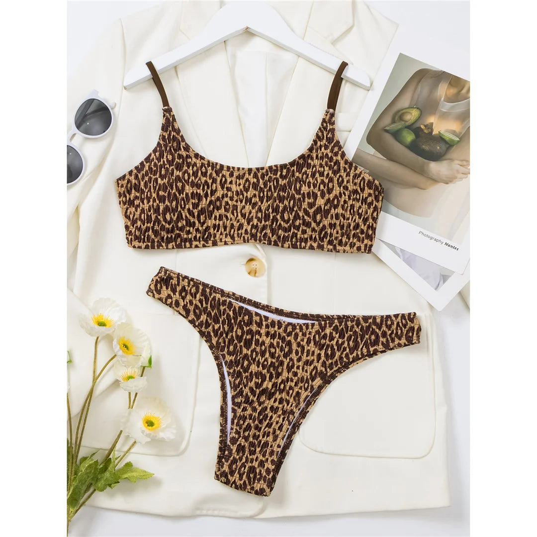 Leopard Printed Wrinkled Brazilian Bikini Set in Coffee Leopard, Pink Leopard, and Black Leopard, Made of Nylon and Spandex, Wire Free and Low Waist, Fits True to Size for Women aged 18-35 and Adults, Available in Stock with Free Shipping