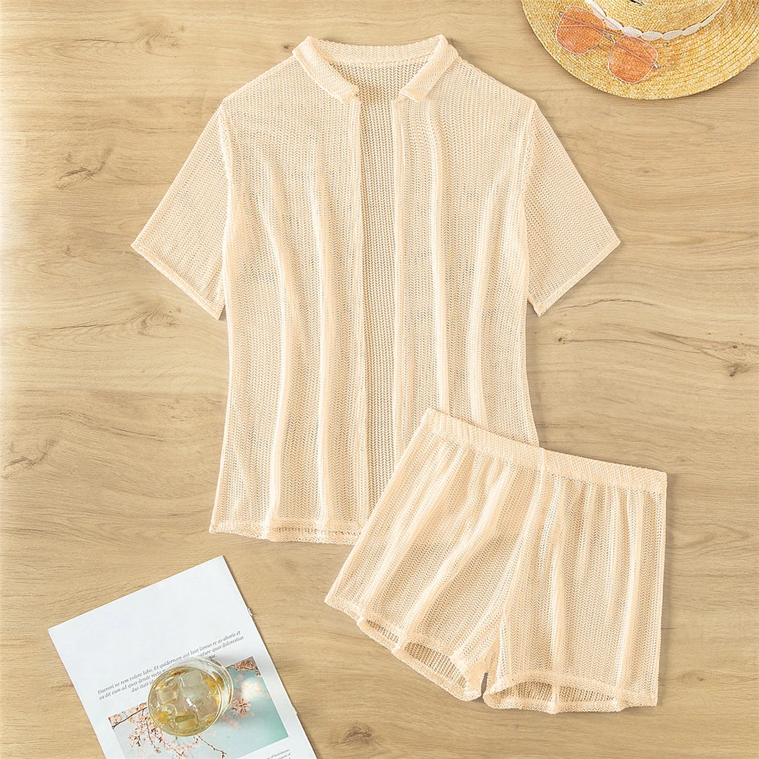 Charming Short-Sleeve Crochet Tunic for Women, Airy Knitted Beach Cover-Up, Fits True to Size, Sizes S to XL Available, Material: Nylon, Polyester, Cotton, Solid Pattern, Ideal for Seaside Strolls and Casual Resort Wear, Available in Black, Beige, and White