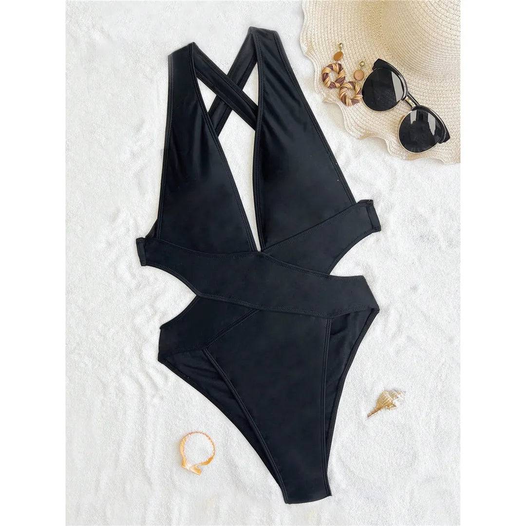 Deep V-neck cross back one-piece swimsuit, high-leg scrunch butt design, adjustable triangle top, monochrome solid pattern, polyester spandex blend, women&#39;s stylish and comfortable swimwear.