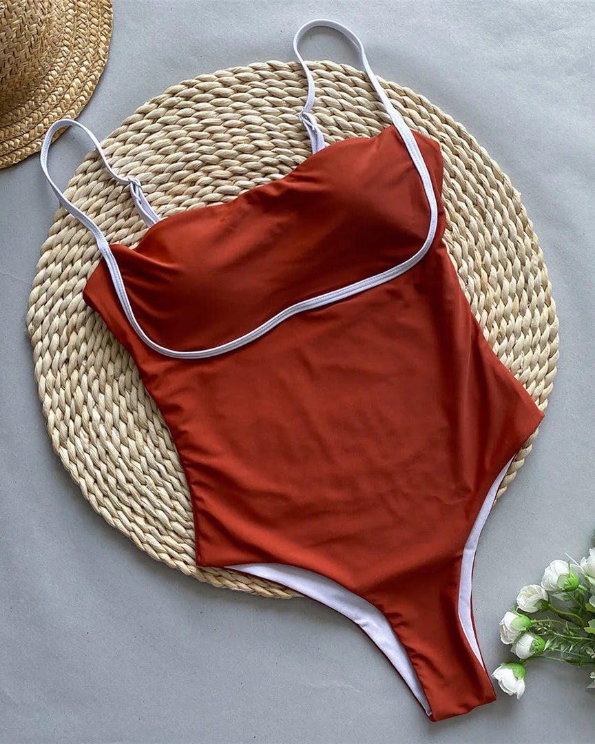 Elegant Splicing High Leg Cut One-Piece Monokini in Brown, Made of Nylon and Spandex with Patchwork Pattern, Includes Pad for Support, Ideal for Women, Available in Sizes S to L, Combines Timeless Style and Modernity