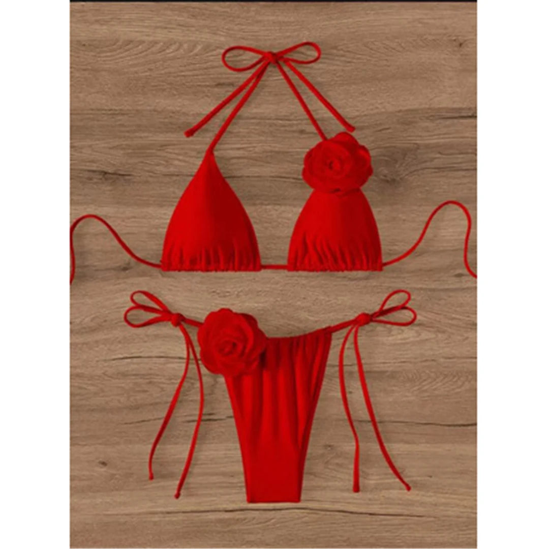 Enchanting 3D Flowers Halter Bikini Set | Feminine Strappy