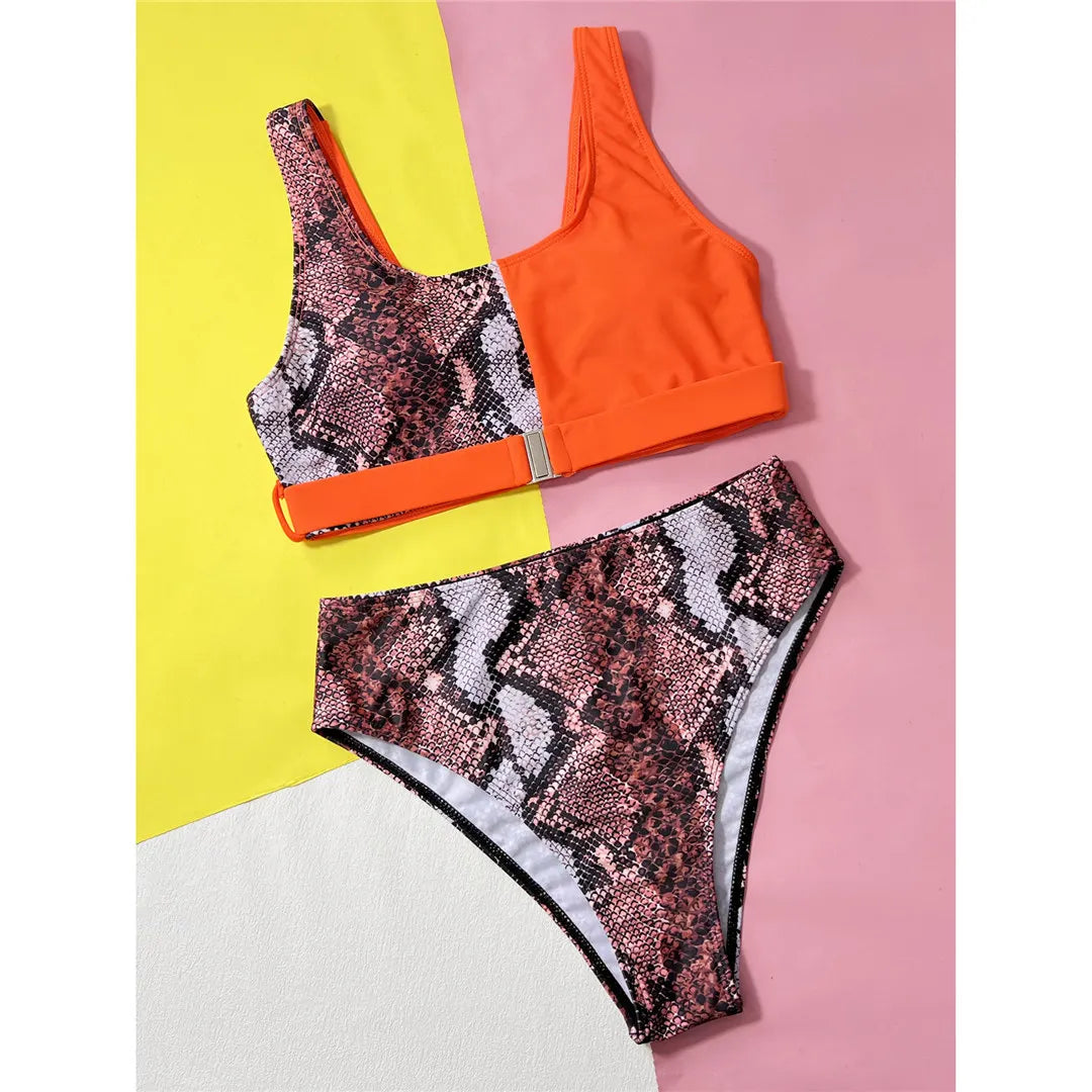 Wild Allure Splicing Snake Skin High-Waist Bikini Set for Women, Crafted from Nylon and Spandex with a Print and Patchwork Pattern in Orange. Features High Waist Design, Wire Free Support, and Padded Top. Fits True to Size. Perfect for Middle Aged Women. New and in Stock.