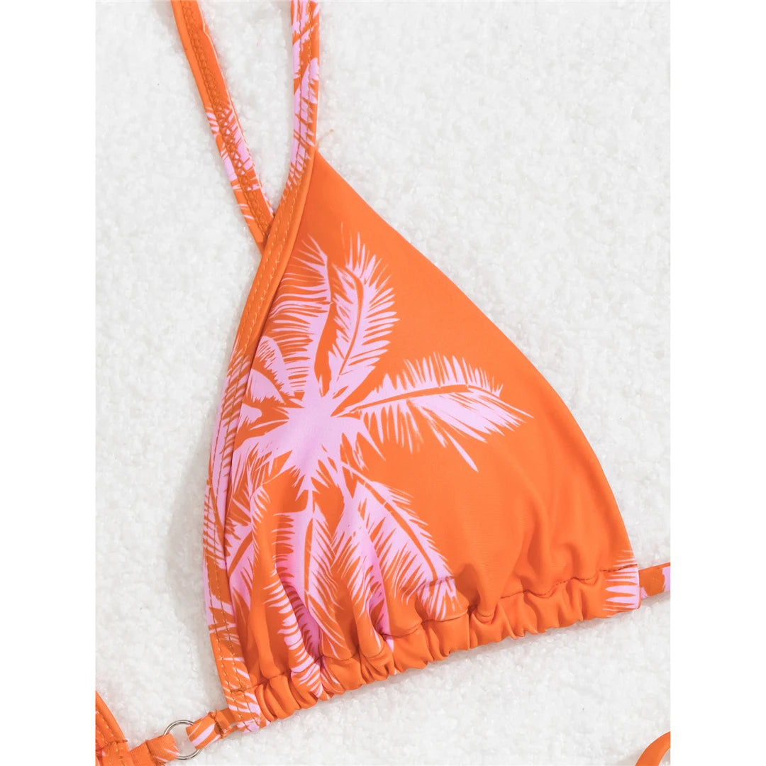 Printed high-leg padded bikini set, polyester spandex blend, wire-free support, low waist, women's two-piece swimwear, eye-catching design for beach or pool.