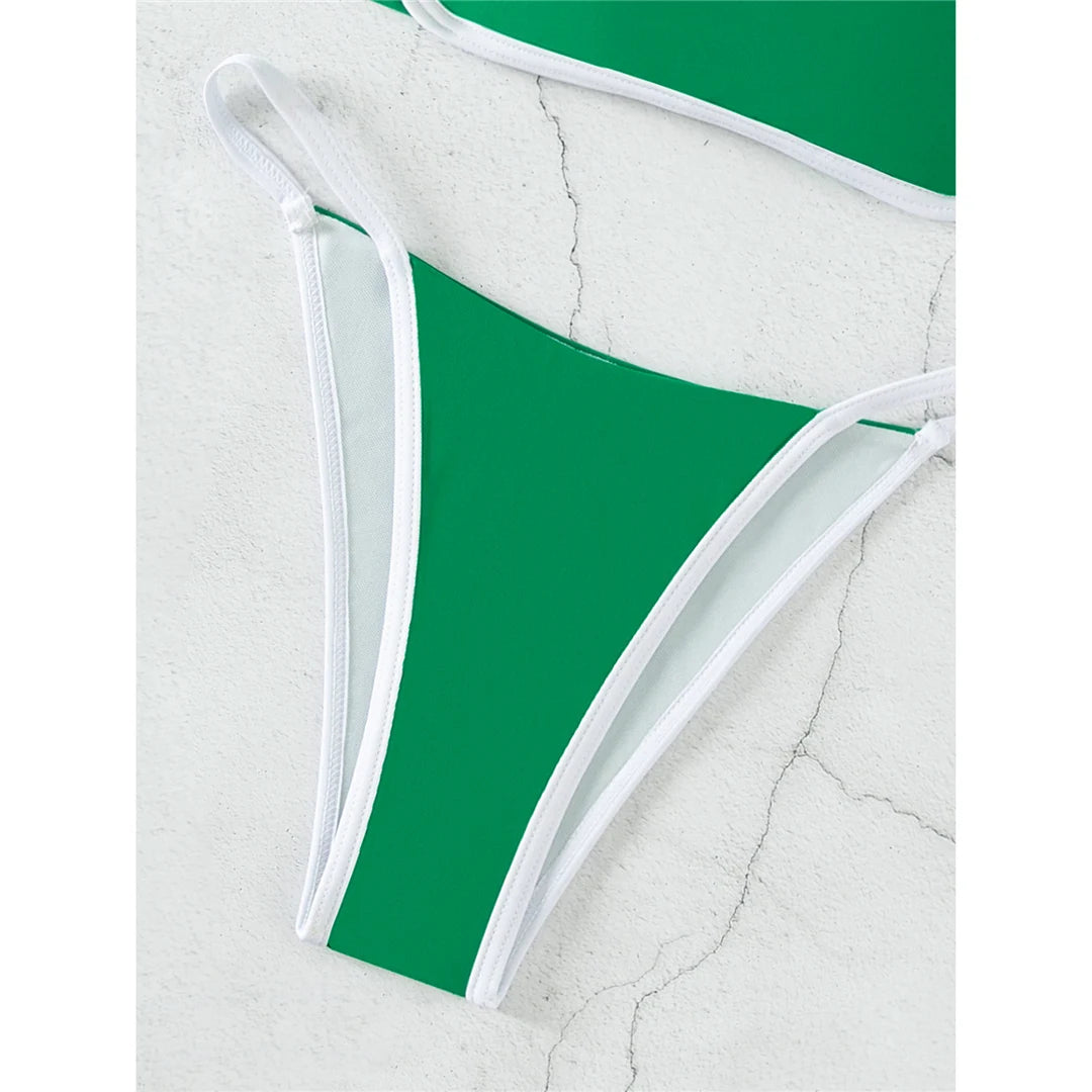 Beautifully Spliced Padded Bikini Set for Women with Chic Knotted Detail. Combines Comfort and Fashion for Stylish Pool Lounging. Comes with Wire Free Support, Low Waist design, and fits True to Size. Available in Black, Green, White, and Coffee.