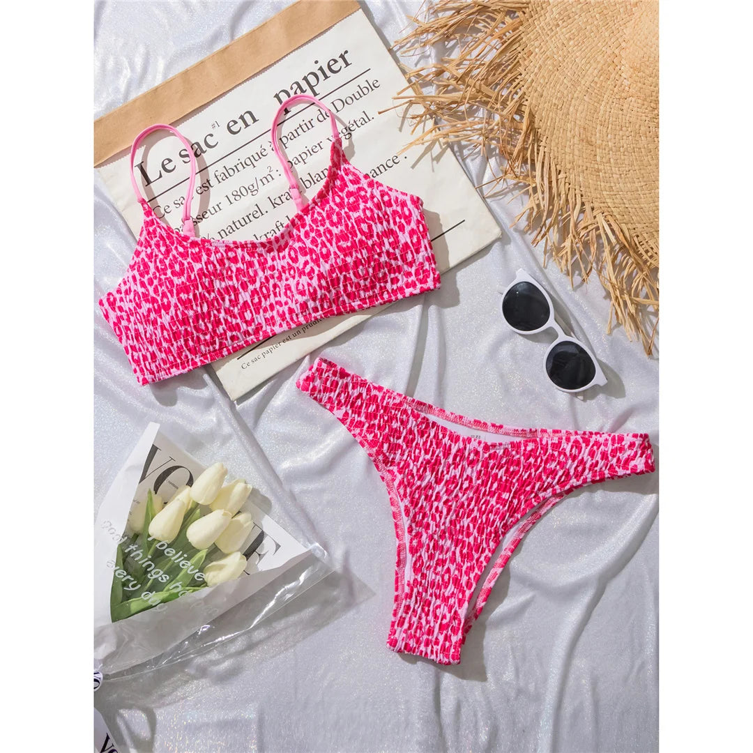 Leopard Printed Wrinkled Brazilian Bikini Set in Coffee Leopard, Pink Leopard, and Black Leopard, Made of Nylon and Spandex, Wire Free and Low Waist, Fits True to Size for Women aged 18-35 and Adults, Available in Stock with Free Shipping