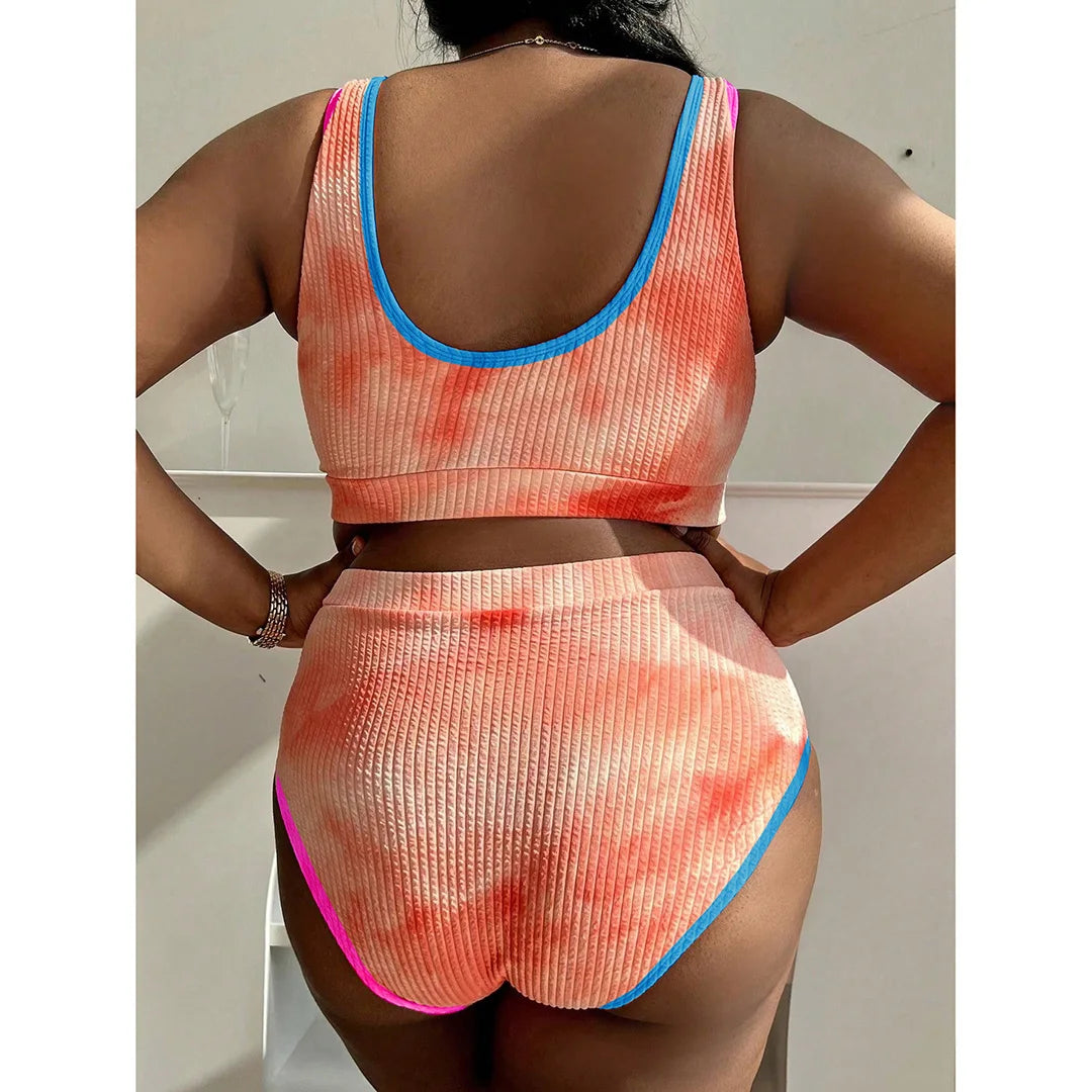 Tie Dye Bikini, Two Piece, Large Size, Women&#39;s Swimwear, Vibrant Colors, Polyester, Spandex, Wire Free, High Waist, Comfortable Fit, Fashionable Swim Set, Beach Attire, Green, Orange, Pink, Sky Blue, Black, Yellow.