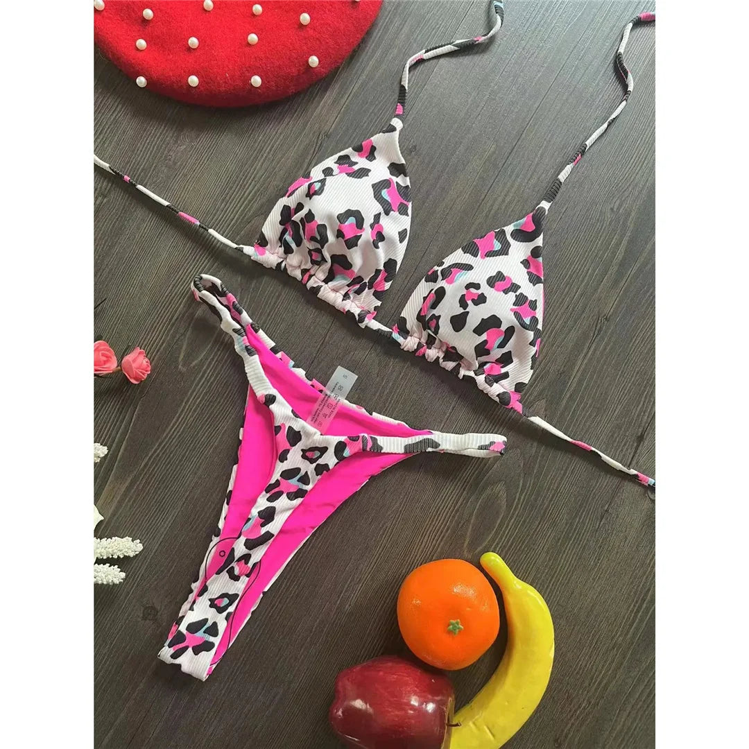 Vibrant Printed Halter Mini Bikini Set for the Bold and Beautiful, Eye-Catching Print, Cheeky Micro Thong Cut, Two-Piece Swimwear, Material Nylon, Spandex, Print Pattern, Wire Free, Low Waist, Fits True to Size, Available in Leopard, Cherry Printed, Multicolor