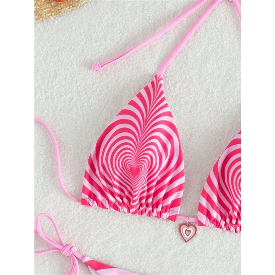 Gradient Halter Strappy High Leg Cut Bikini set with stunning gradient pattern, Polyester Spandex material, halter neckline, strappy details, wire-free, low waist design, enhances silhouette for a modern aesthetic.