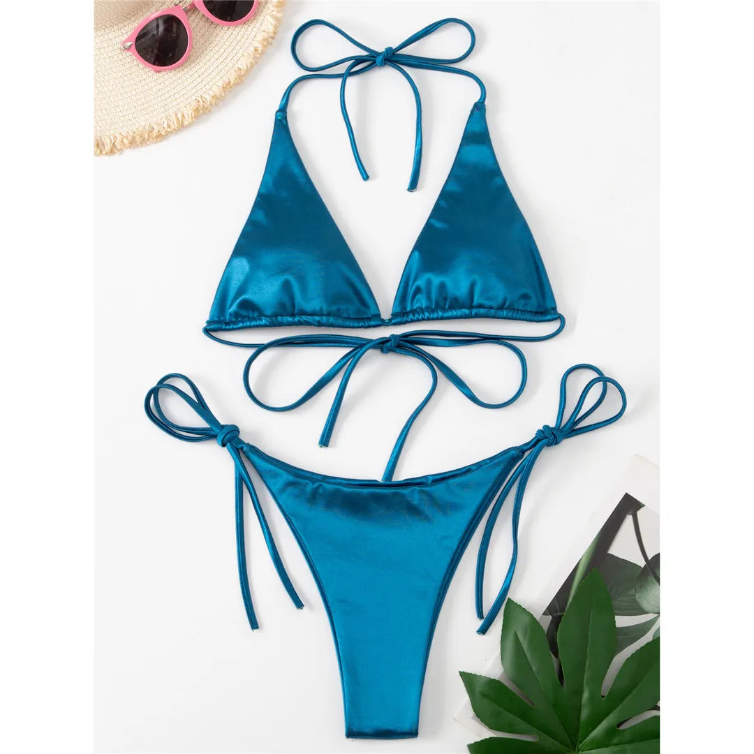 Luxurious Two-Piece Satin Halter Brazilian Padded Bikini Set for Women - Nylon and Spandex Swimwear with Wire Free Support, True to Size Fit, Low Waist - Available in Multiple Colors