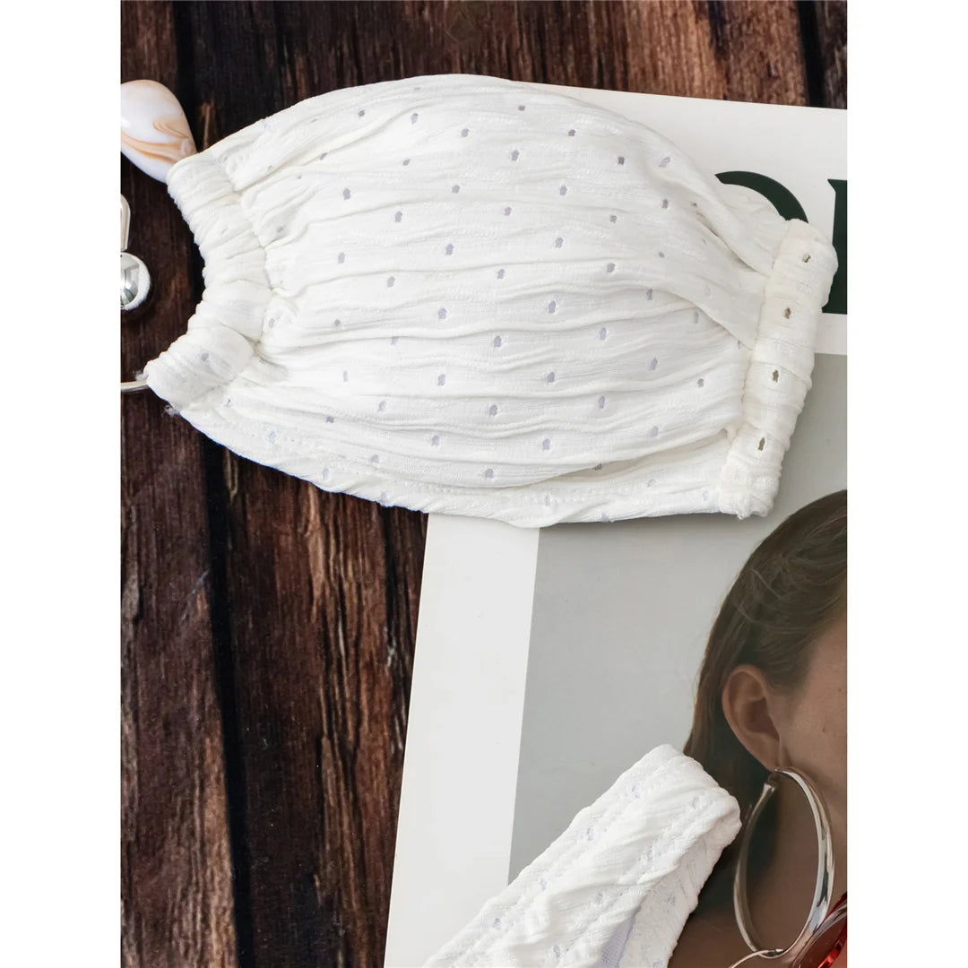 Bandeau Bikini Set with Sarong and Hollow Out Details in Hot Pink and Beige, Made from Nylon and Spandex, Three Piece Swimwear, Wire Free Support, Low Waist, Fits True to Size, Available in Sizes S to M and L, Perfect for Women, New and In Stock, Free Shipping Available