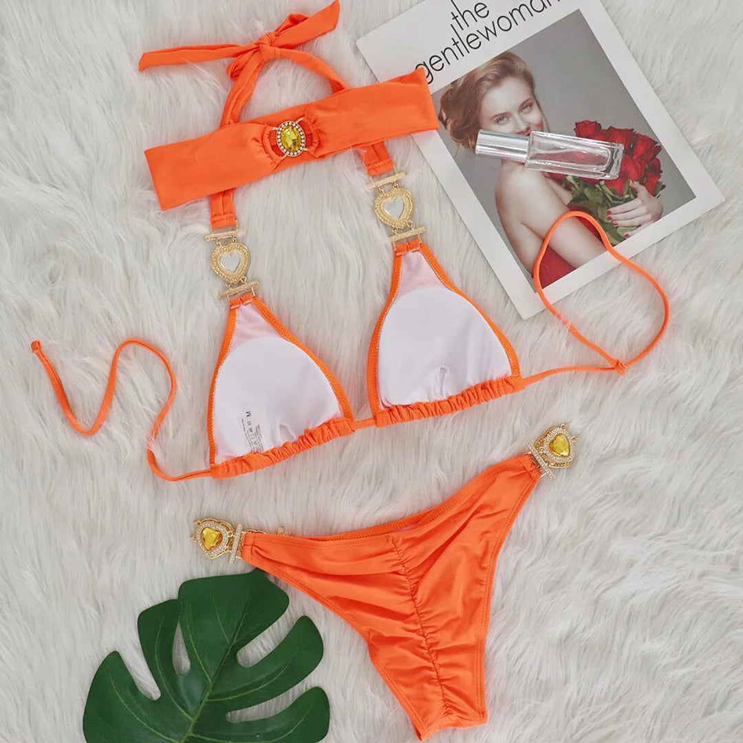 Diamond Rhinestone Bikini Set for Women in Green, Orange Red, Orange, Red, Multicolor, and Pink, Composed of Nylon and Spandex, Low-Waist Two-Piece Suit, Wire-Free, True to Size Fitting, With Pad, Suitable for Swim Sport, Available in Sizes S, M, L, New Condition, Available for Free Shipping, In stock, Intended for Age Group 18-35, Adult.